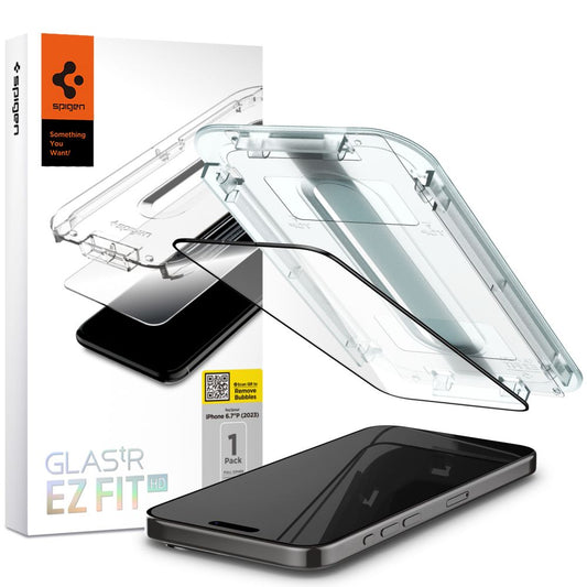 Spigen EZ FIT Protector de Pantalla para Apple iPhone 15, Cristal Blindado, Pegado Completo, 2.5D, Apto para Fundas, Negro AGL06908 AGL06908