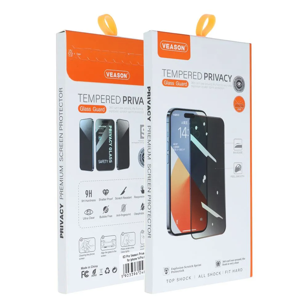 Protector de pantalla Privacy Veason para Apple iPhone 17e / 16e / 14 / 13 Pro, vidrio templado, adhesivo completo, 6D