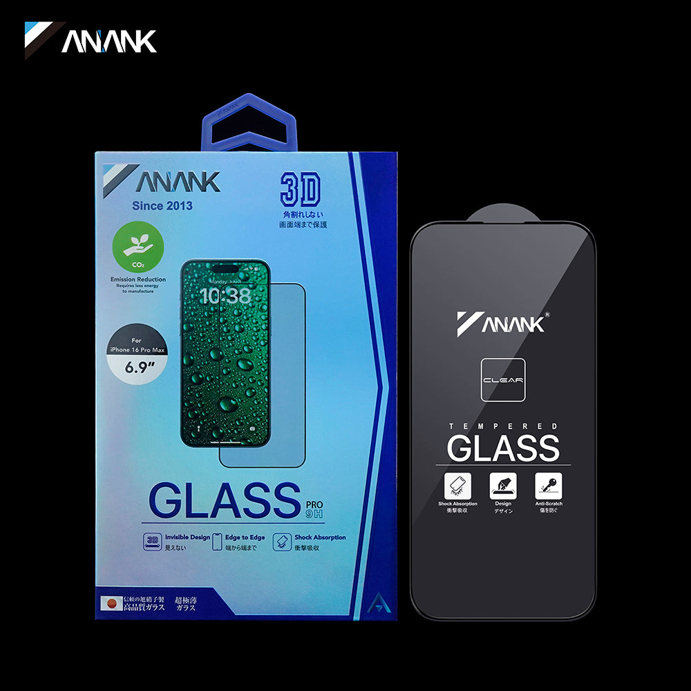 Protector de pantalla Anank 3X Reforzado Invisible para Apple iPhone 16 Pro, Vidrio Templado, Pegamento Completo, 3D, Negro