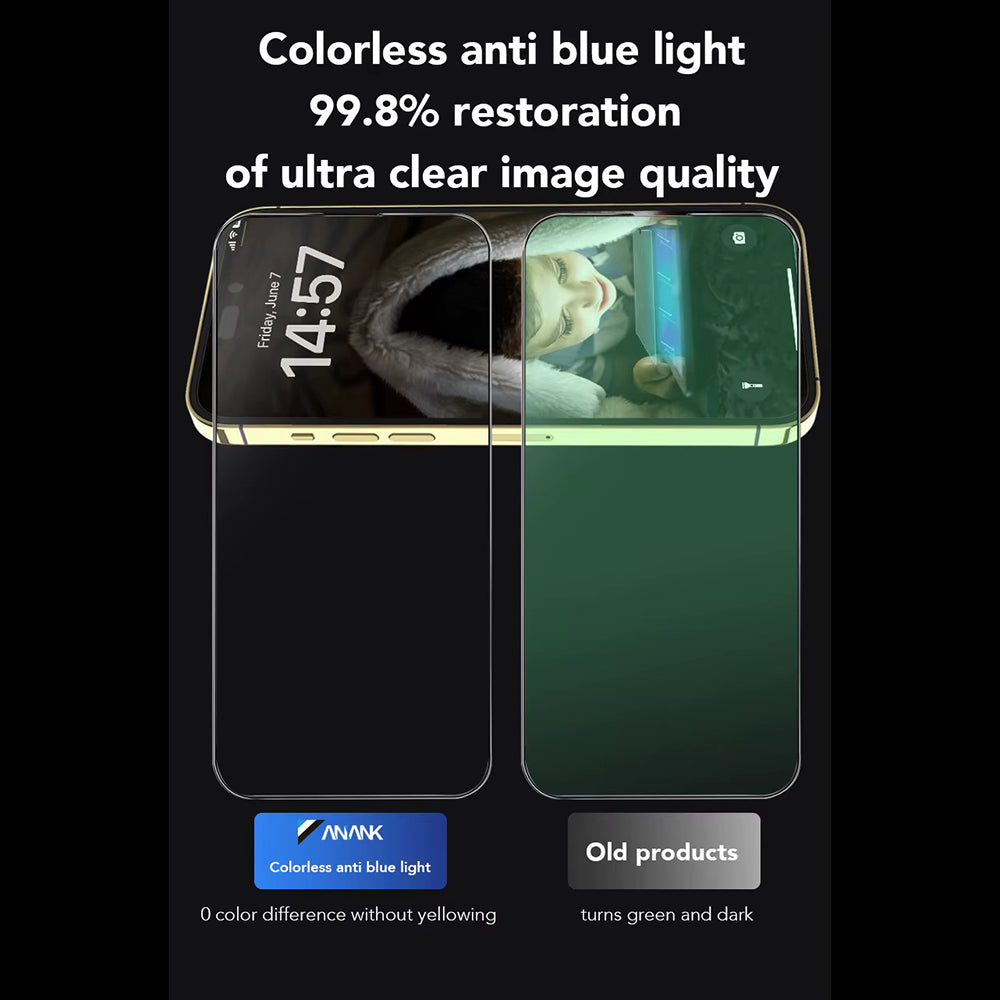 Protector de pantalla Anti Luz Azul Anank 3X Reforzado para Apple iPhone 16, Vidrio Templado, Pegamento Completo, 2.5D, Negro
