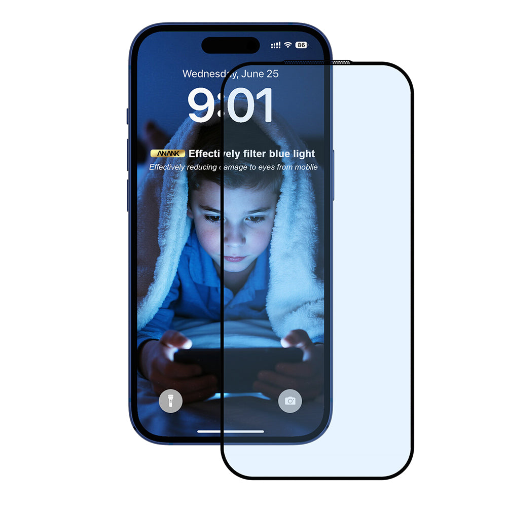 Protector de pantalla Anti Blue Light Anank 5X Reforzado para Apple iPhone 17 Pro, Cristal Templado, Full Glue, 2.5D, Negro.