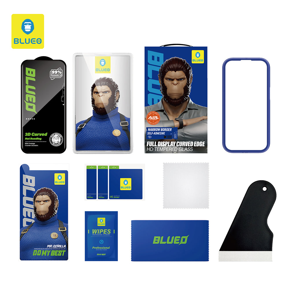 Protector de pantalla Blueo HD para Apple iPhone 16 Pro, vidrio templado, adhesivo completo, 3D, negro