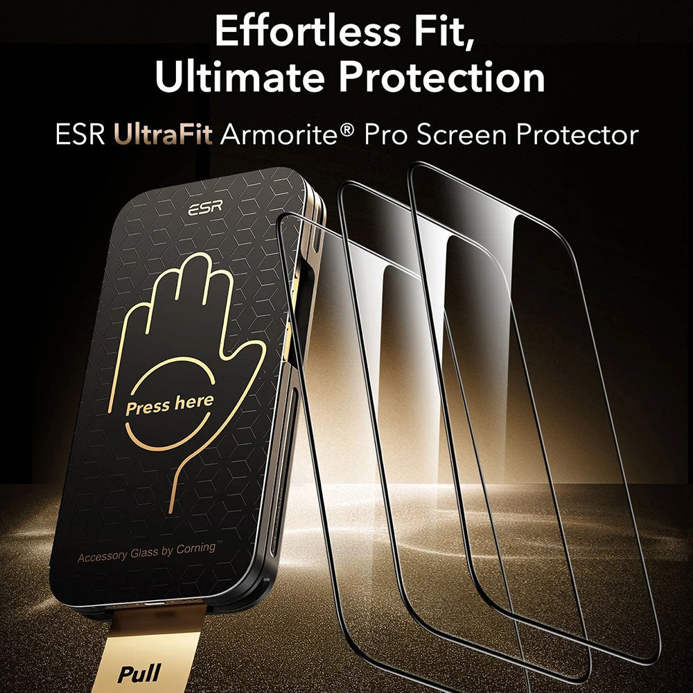 Protector de pantalla ESR Corning UltraFit para Apple iPhone 18 Pro Max / 17 Pro Max, Vidrio templado, Pegamento completo, Set de 3 piezas, Negro