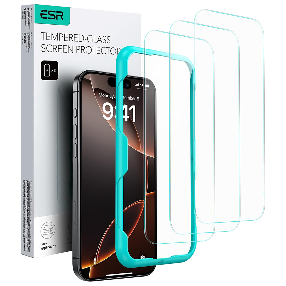Protector de pantalla ESR para Apple iPhone 17 / 16 Pro, Cristal Templado, Full Glue, Set de 3 piezas, Negro.