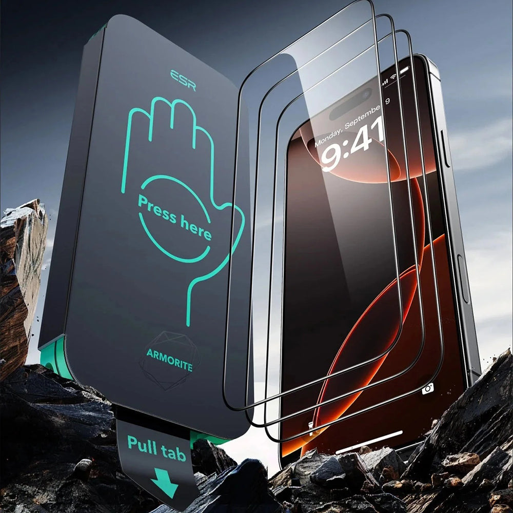 Protector de pantalla ESR Armorite UltraFit para Apple iPhone 17 Pro Max, Cristal Templado, Full Glue, Set de 3 piezas, Negro.