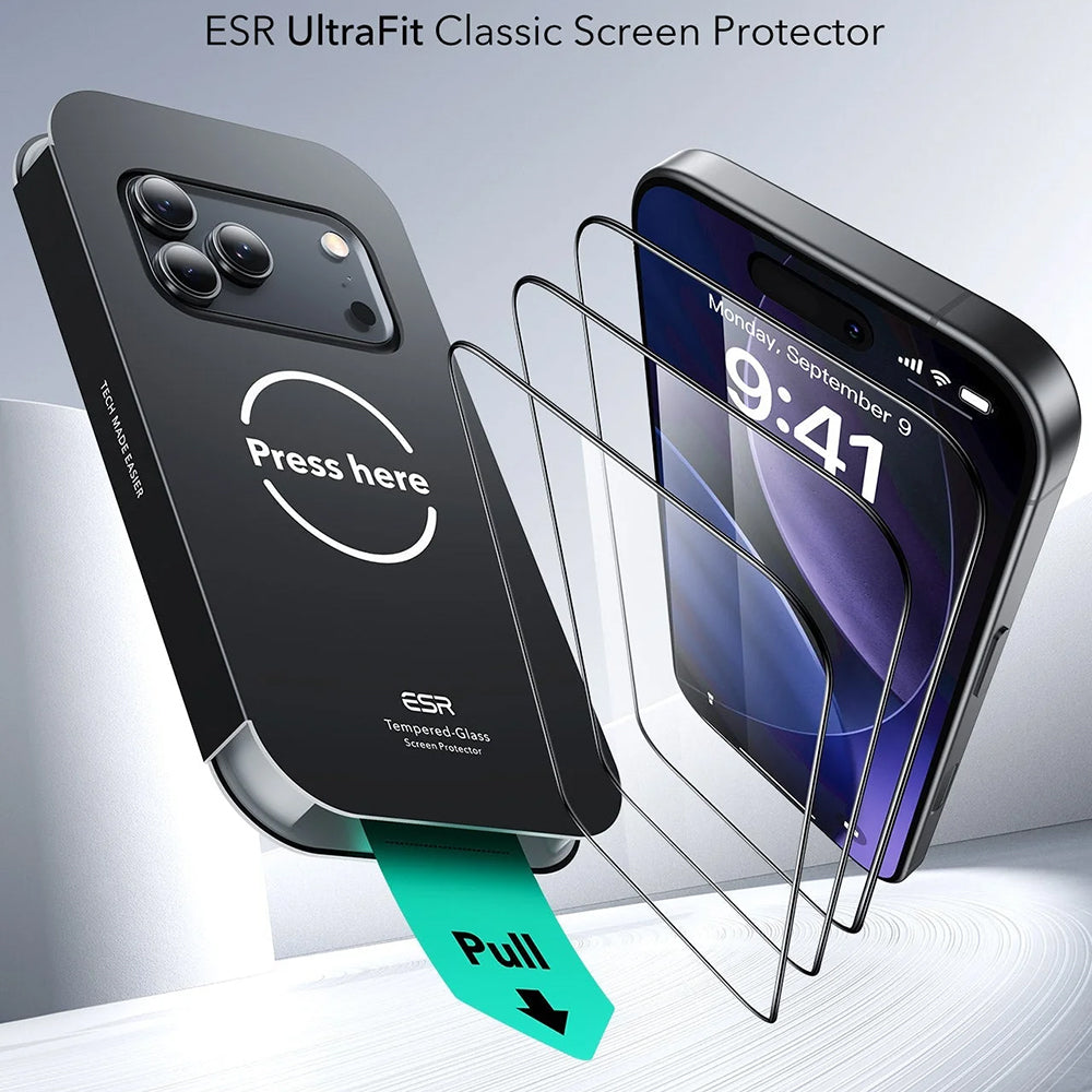 Protector de pantalla ESR UltraFit para Apple iPhone 17 Pro, Cristal Templado, Full Glue, Set de 3 piezas.