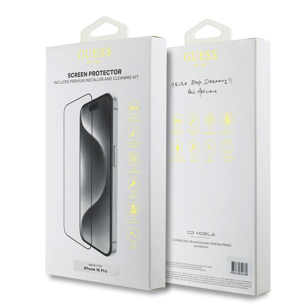 Protector de pantalla Guess Classic Outline para Apple iPhone 16, Cristal Templado, Full Glue, 2.5D, Negro