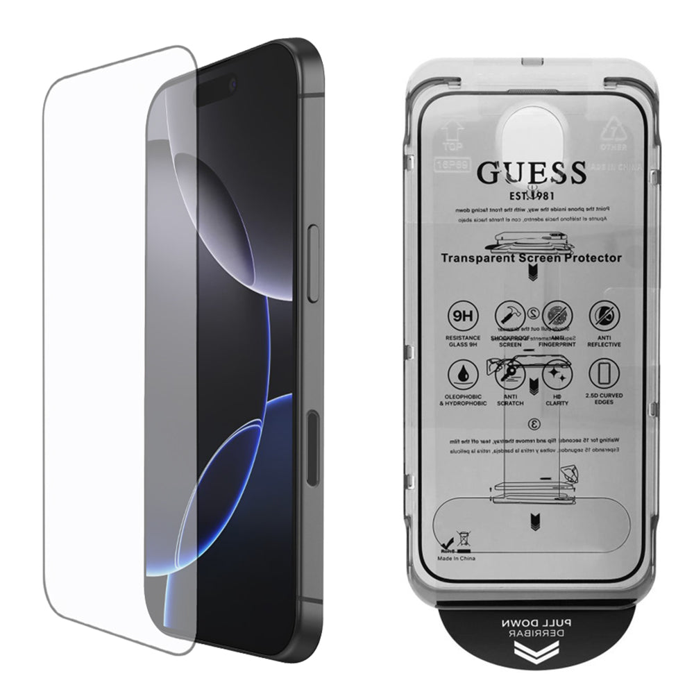 Protector de pantalla Guess Classic Outline para Apple iPhone 16, Cristal Templado, Full Glue, 2.5D, Negro