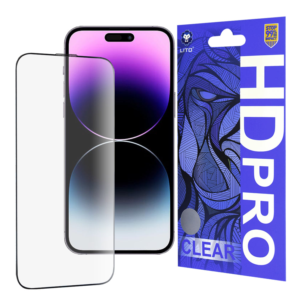 Protector de pantalla Lito HD Pro Clear para Apple iPhone 14 Pro Max, vidrio templado, adhesivo completo, negro