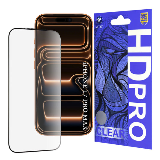 Protector de pantalla Lito HD Pro Clear para Apple iPhone 17 Pro Max, Cristal Templado, Full Glue, Negro.