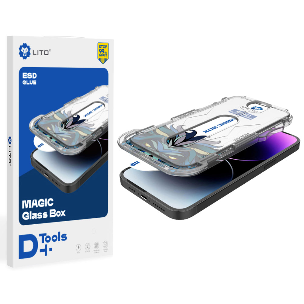 Protector de pantalla Lito Magic Glass Box D+ Tools para Apple iPhone 16 Pro Max, vidrio templado, adhesivo completo