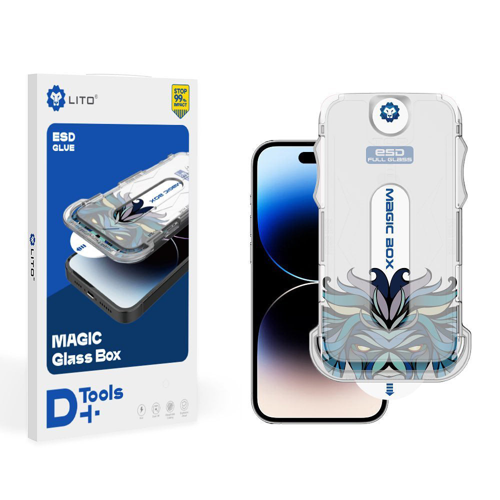 Protector de pantalla Lito Magic Glass Box D+ Tools para Apple iPhone 16 Pro Max, vidrio templado, adhesivo completo