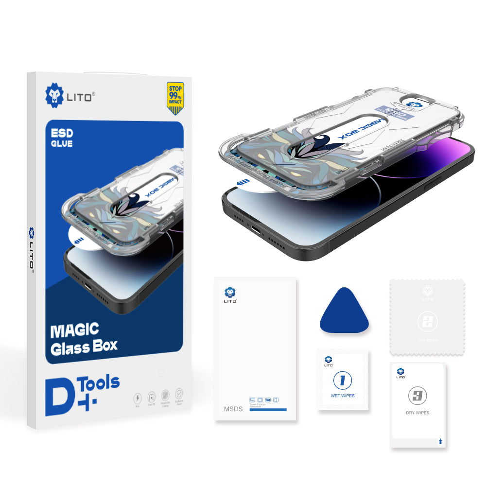 Protector de pantalla Lito Magic Glass Box D+ Tools para Apple iPhone 16 Pro Max, vidrio templado, adhesivo completo