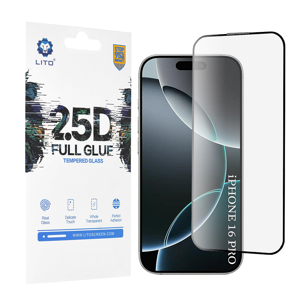 Protector de pantalla Lito para Apple iPhone 17 / 16 Pro, Cristal Templado, Full Glue, 2.5D, Negro