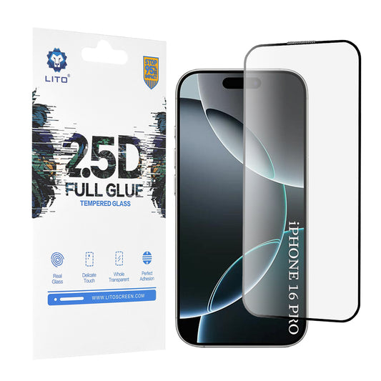 Protector de pantalla Lito para Apple iPhone 17 / 16 Pro, Cristal Templado, Full Glue, 2.5D, Negro