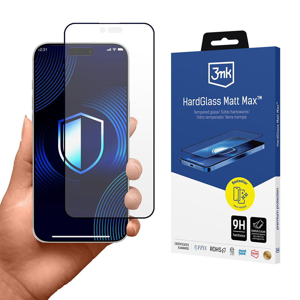 Protector de pantalla Matte 3MK HardGlass Max para Apple iPhone 17 Air, Cristal Templado, Full Glue, Negro