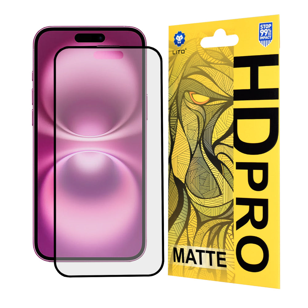Protector de pantalla mate Lito HD Pro para Apple iPhone 16 Plus, vidrio templado, adhesivo completo, negro