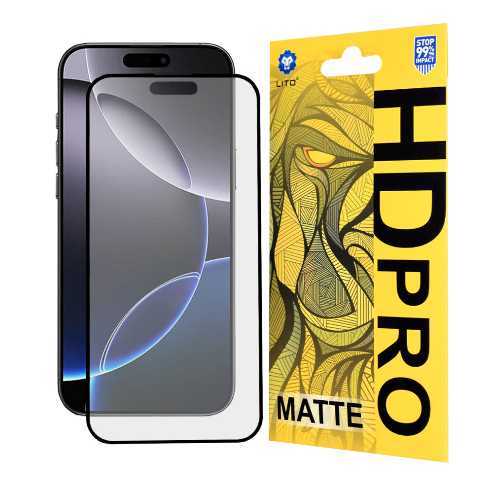 Protector de pantalla mate Lito HD Pro para Apple iPhone 16 Pro Max, vidrio templado, adhesivo completo, negro