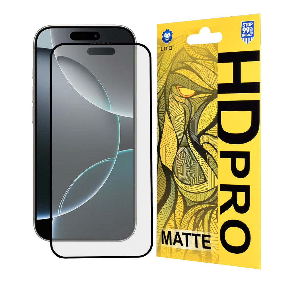 Protector de pantalla mate Lito HD Pro para Apple iPhone 16 Pro, vidrio templado, adhesivo completo, negro