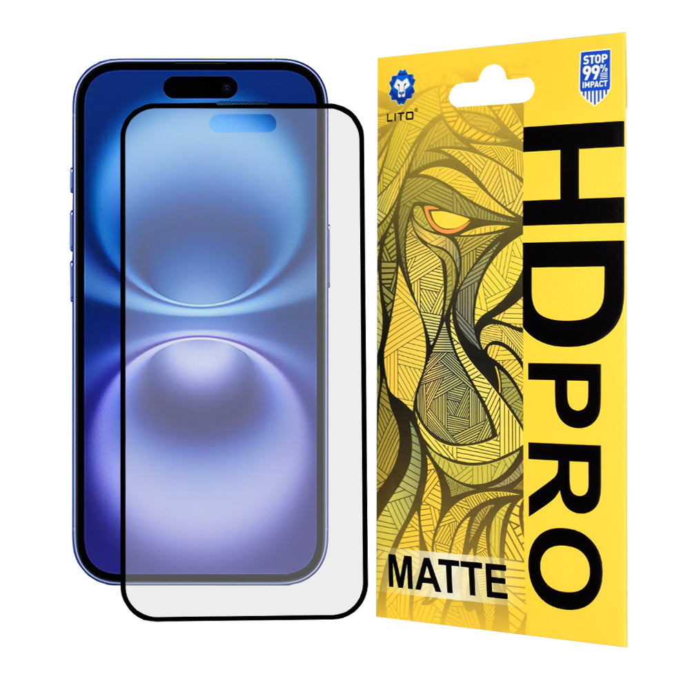 Protector de pantalla mate Lito HD Pro para Apple iPhone 16, vidrio templado, adhesivo completo, negro