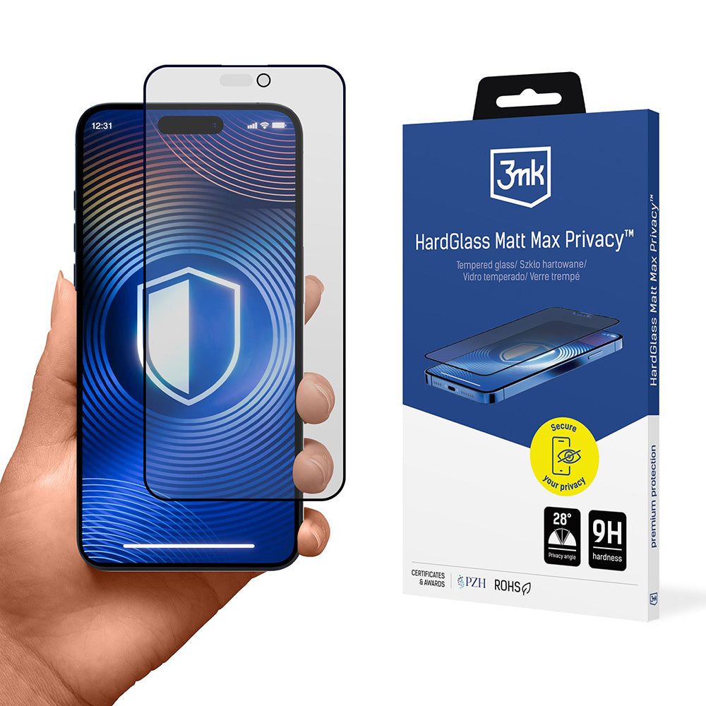 Protector de pantalla Matte Privacy 3MK HardGlass Max para Apple iPhone 17 Pro, Cristal Templado, Full Glue