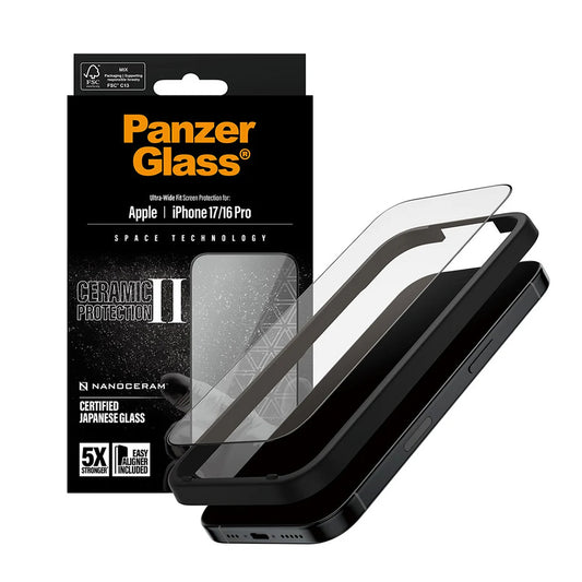 Protector de pantalla PanzerGlass Ultra-Wide Ceramic II EasyAligner para Apple iPhone 17 / 16 Pro, Cristal Templado, Full Glue, Negro