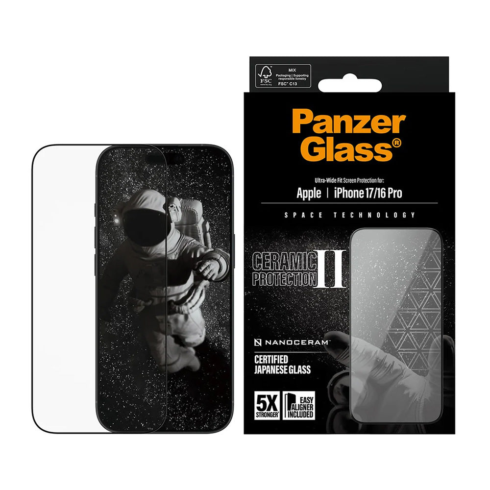 Protector de pantalla PanzerGlass Ultra-Wide Ceramic II EasyAligner para Apple iPhone 17 / 16 Pro, Cristal Templado, Full Glue, Negro