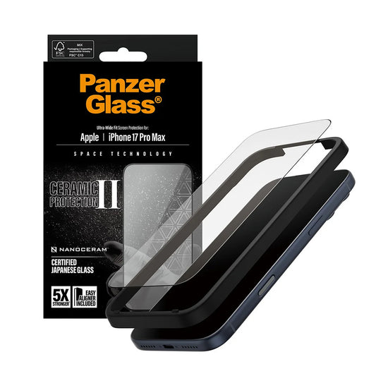 Protector de pantalla PanzerGlass Ultra-Wide Ceramic II EasyAligner para Apple iPhone 17 Pro Max, Cristal Templado, Full Glue, Negro.