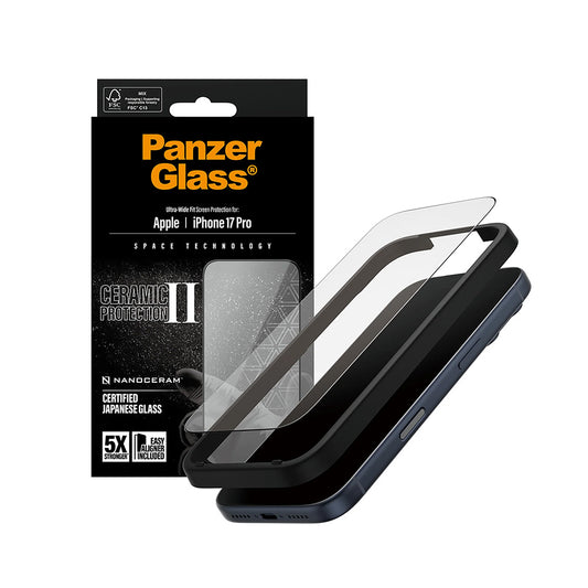 Protector de pantalla PanzerGlass Ultra-Wide Ceramic II EasyAligner para Apple iPhone 17 Pro, Cristal Templado, Full Glue, Negro.