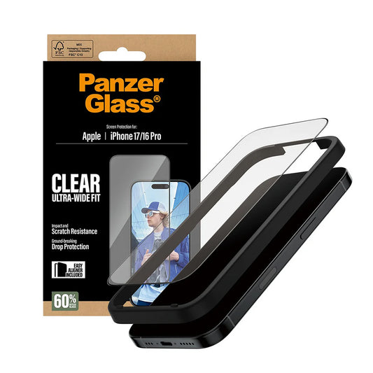 Protector de pantalla PanzerGlass Ultra-Wide Fit EasyAligner para Apple iPhone 17 / 16 Pro, Cristal Templado, Full Glue, Negro