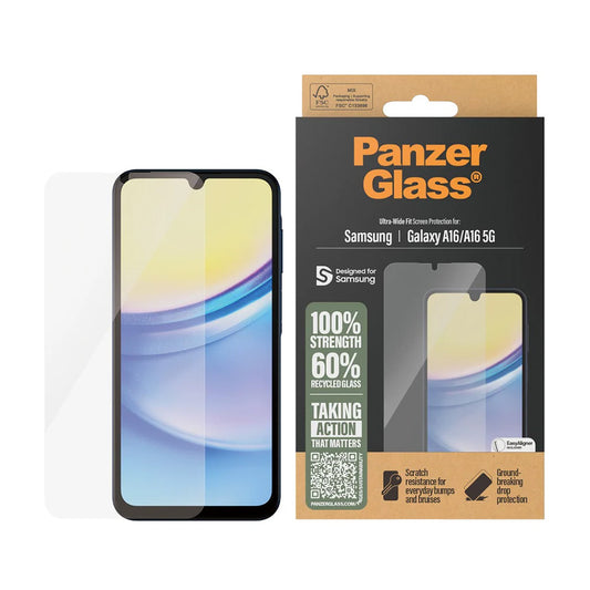 Protector de pantalla PanzerGlass Ultra-Wide Fit EasyAligner para Samsung Galaxy A16 5G A166 / A16 4G A165, Cristal Templado, Full Glue