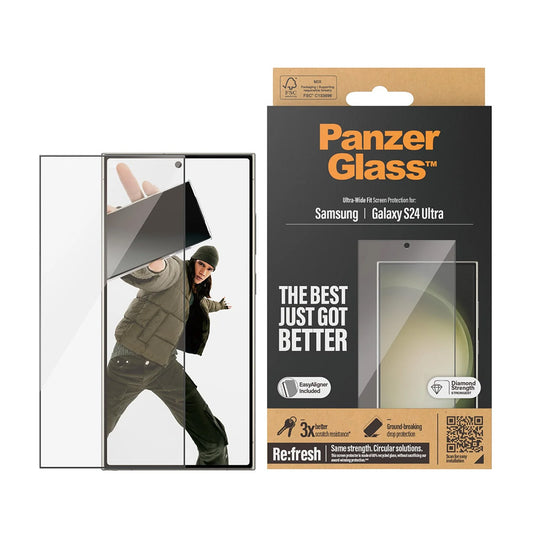 Protector de pantalla PanzerGlass Ultra-Wide Fit EasyAligner para Samsung Galaxy S24 Ultra S928, Cristal Templado, Full Glue, Negro.