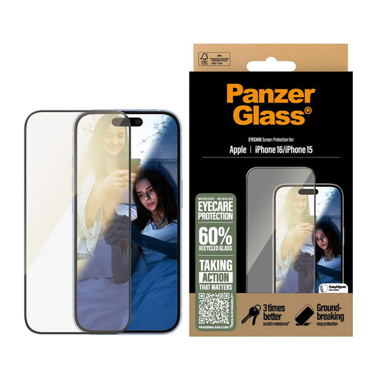 Protector de pantalla PanzerGlass Ultra-Wide Fit EyeCare para Apple iPhone 16 / 15, Cristal Templado, Full Glue, Negro