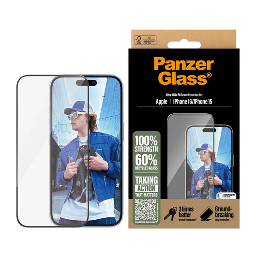 Protector de pantalla PanzerGlass Ultra-Wide Fit para Apple iPhone 16 / 15, Cristal Templado, Full Glue, Negro