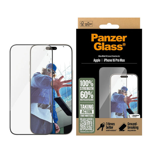 Protector de pantalla PanzerGlass Ultra-Wide Fit para Apple iPhone 16 Pro Max, Cristal Templado, Full Glue, Negro