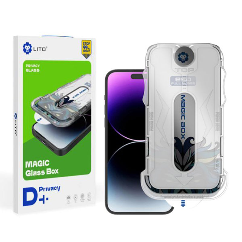 Protector de pantalla Privacy Lito Magic Glass Box D+ Tools para Apple iPhone 16 Pro Max, vidrio templado, adhesivo completo