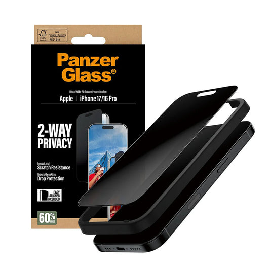 Protector de pantalla Privacy PanzerGlass Ultra-Wide Fit 2-Way EasyAligner para Apple iPhone 17 / 16 Pro, Cristal Templado, Full Glue