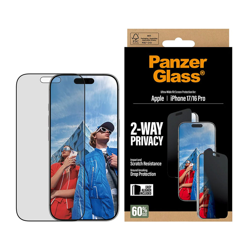 Protector de pantalla Privacy PanzerGlass Ultra-Wide Fit 2-Way EasyAligner para Apple iPhone 17 / 16 Pro, Cristal Templado, Full Glue