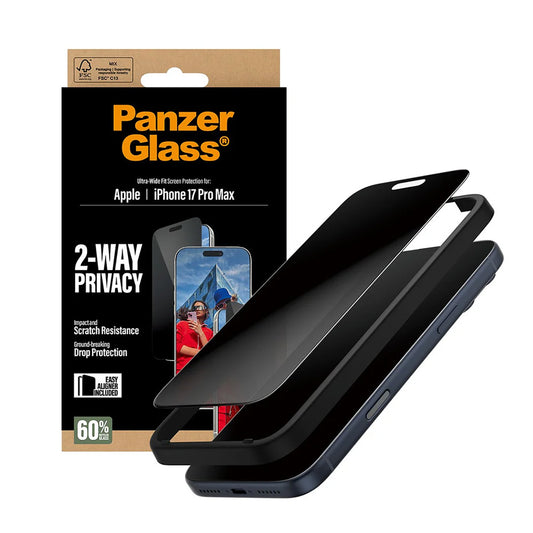 Protector de pantalla Privacy PanzerGlass Ultra-Wide Fit 2-Way EasyAligner para Apple iPhone 17 Pro Max, Cristal Templado, Full Glue