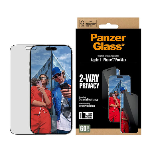 Protector de pantalla Privacy PanzerGlass Ultra-Wide Fit 2-Way EasyAligner para Apple iPhone 17 Pro Max, Cristal Templado, Full Glue