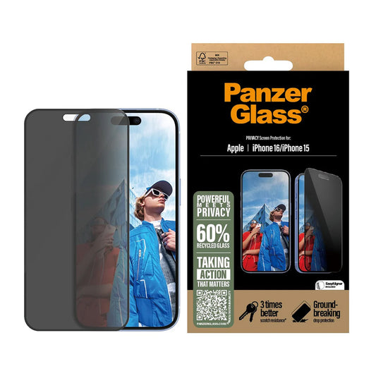 Protector de pantalla Privacy PanzerGlass Ultra-Wide Fit EasyAligner para Apple iPhone 16 / 15, Cristal Templado, Full Glue