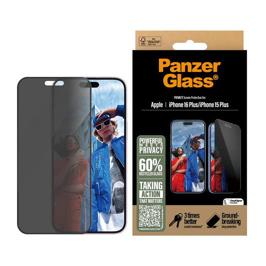 Folie de protección de pantalla Privacy PanzerGlass Ultra-Wide Fit EasyAligner para Apple iPhone 16 Plus / 15 Plus, Cristal Templado, Full Glue