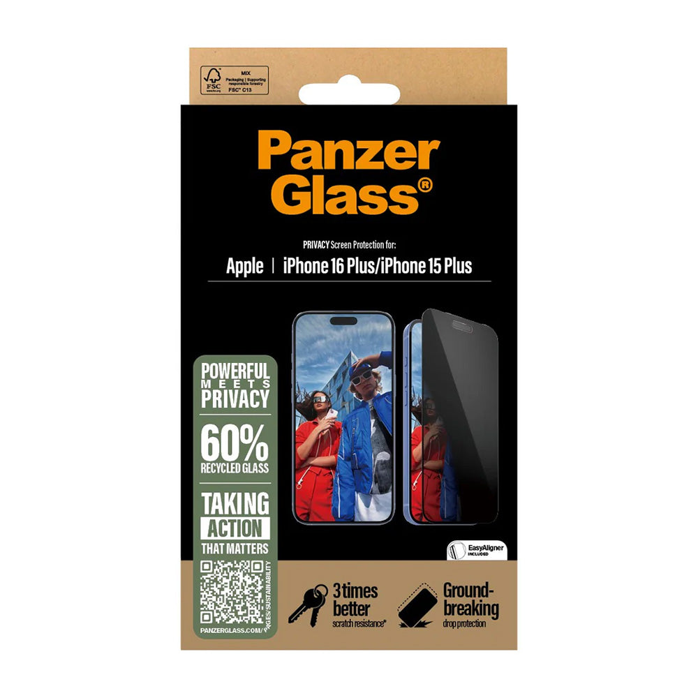 Folie de protección de pantalla Privacy PanzerGlass Ultra-Wide Fit EasyAligner para Apple iPhone 16 Plus / 15 Plus, Cristal Templado, Full Glue