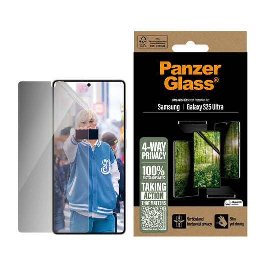 Protector de pantalla Privacy PanzerGlass Ultra-Wide Fit Eco Matrix 4-Way para Samsung Galaxy S25 Ultra S938, Cristal Templado, Full Glue