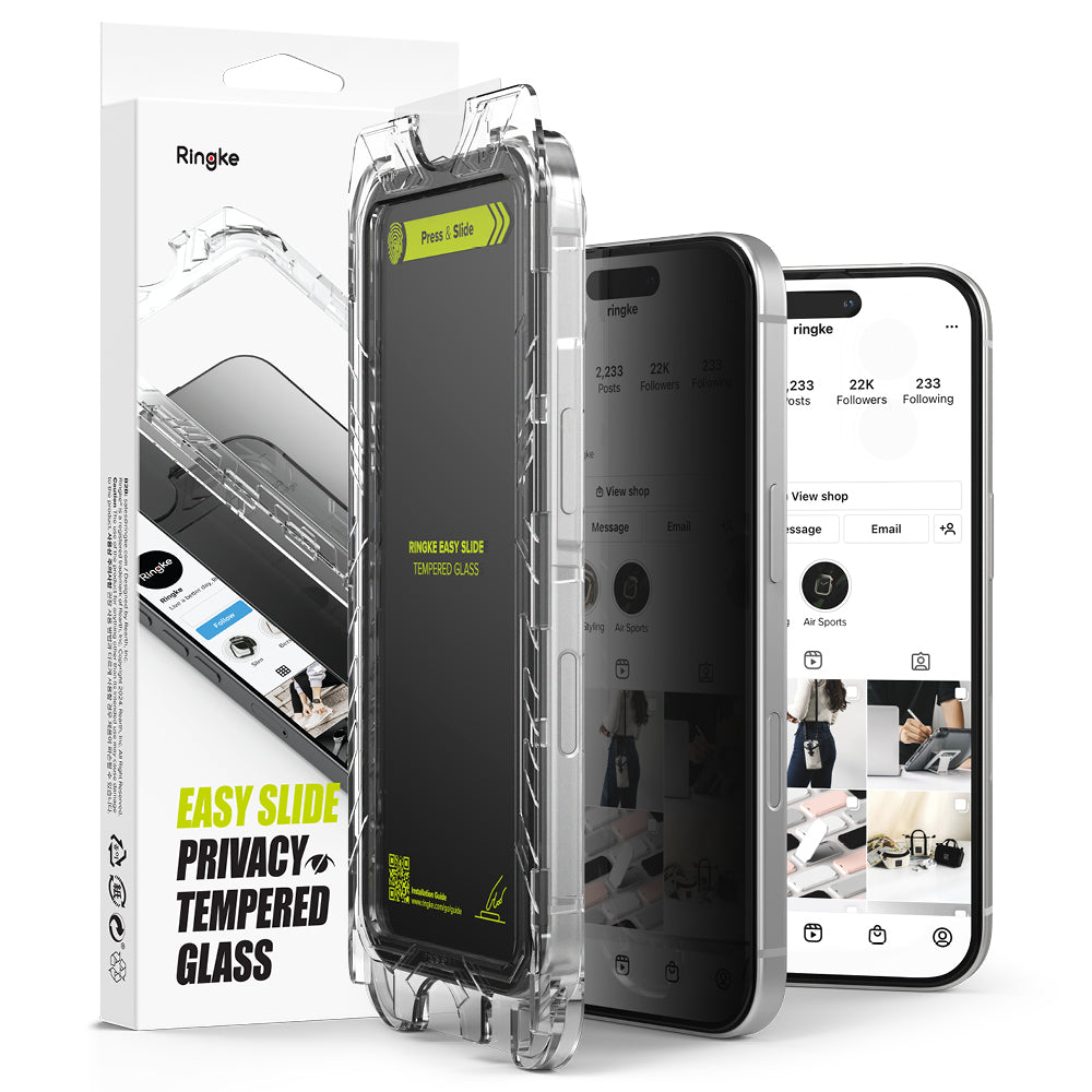 Protector de pantalla Privacy Ringke Easy Slide para Apple iPhone 16 Plus / 15 Plus, Cristal Templado, Adhesivo Completo, Set de 2 piezas
