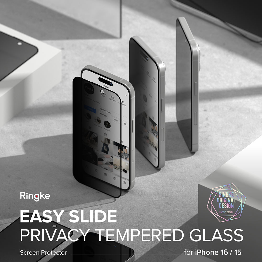 Protector de pantalla Privacy Ringke Easy Slide para Apple iPhone 16 Plus / 15 Plus, Cristal Templado, Adhesivo Completo, Set de 2 piezas