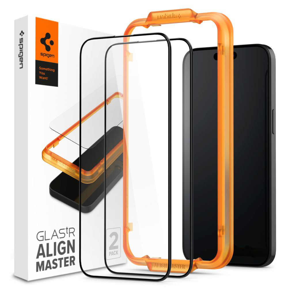 Protector de pantalla Spigen GlastR Align Master para Apple iPhone 15 Plus, Cristal Templado, Full Glue, Set de 2 piezas, Negro AGL06886