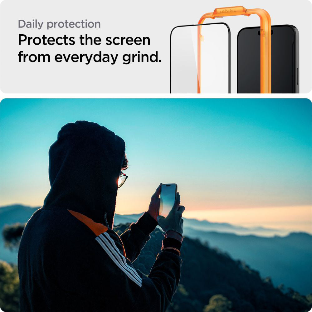 Protector de pantalla Spigen GlastR Align Master para Apple iPhone 15 Plus, Cristal Templado, Full Glue, Set de 2 piezas, Negro AGL06886