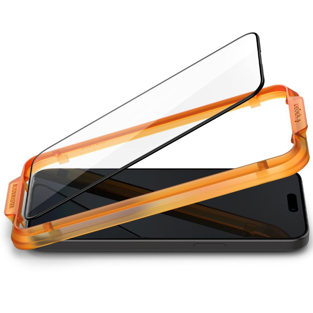 Protector de pantalla Spigen GlastR Align Master para Apple iPhone 15, Cristal Templado, Full Glue, Set de 2 piezas, Negro AGL06906