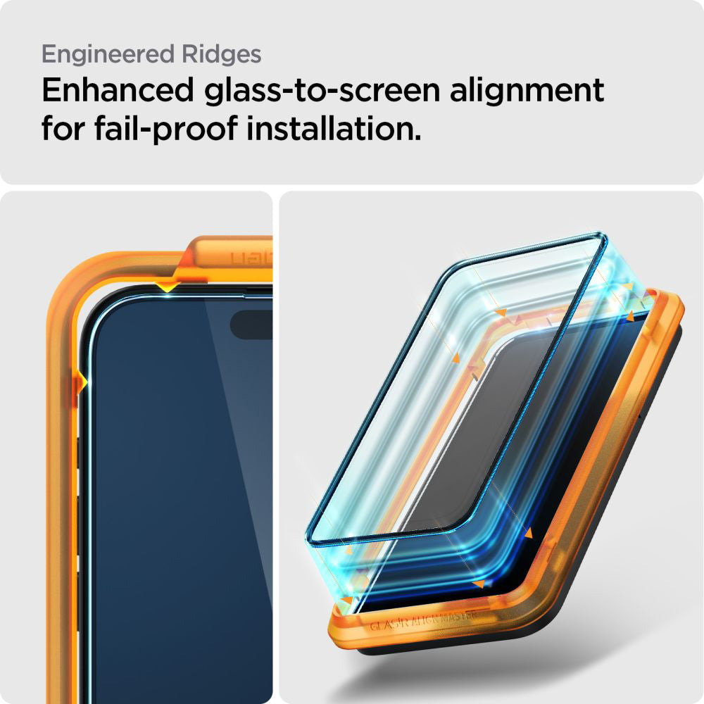 Protector de pantalla Spigen GlastR Align Master para Apple iPhone 15, Cristal Templado, Full Glue, Set de 2 piezas, Negro AGL06906